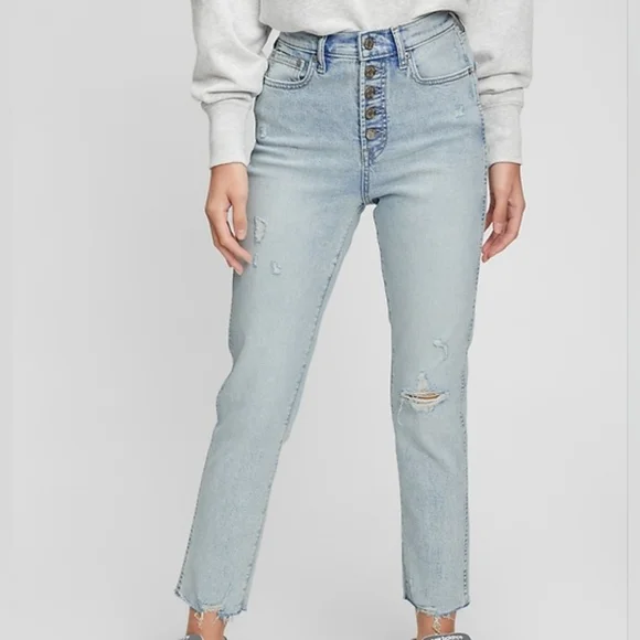 Gap High Rise Vintage Slim Distressed Button Fly Lightwash Jean Coastal Spring 6 - Picture 2 of 9